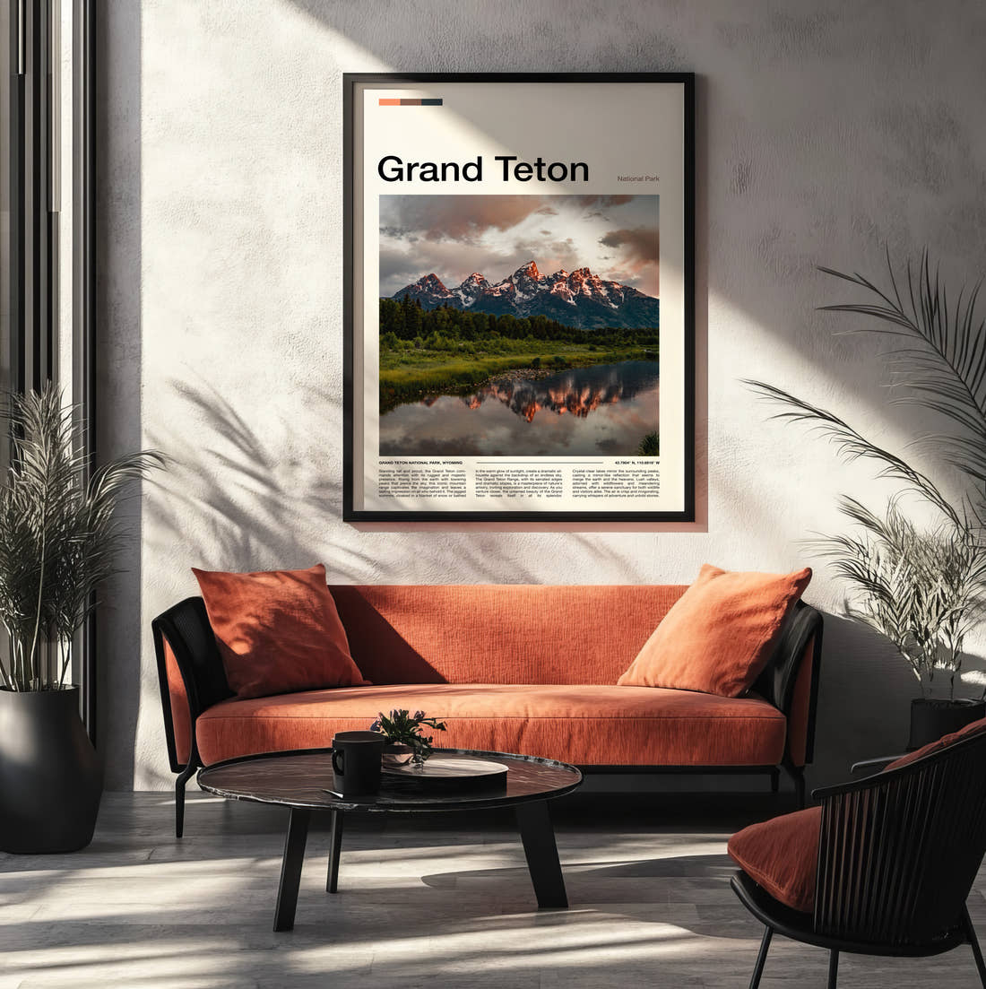 Grand Teton Mountains Reflected In River Travel Print framed on the wall of a modern living room
