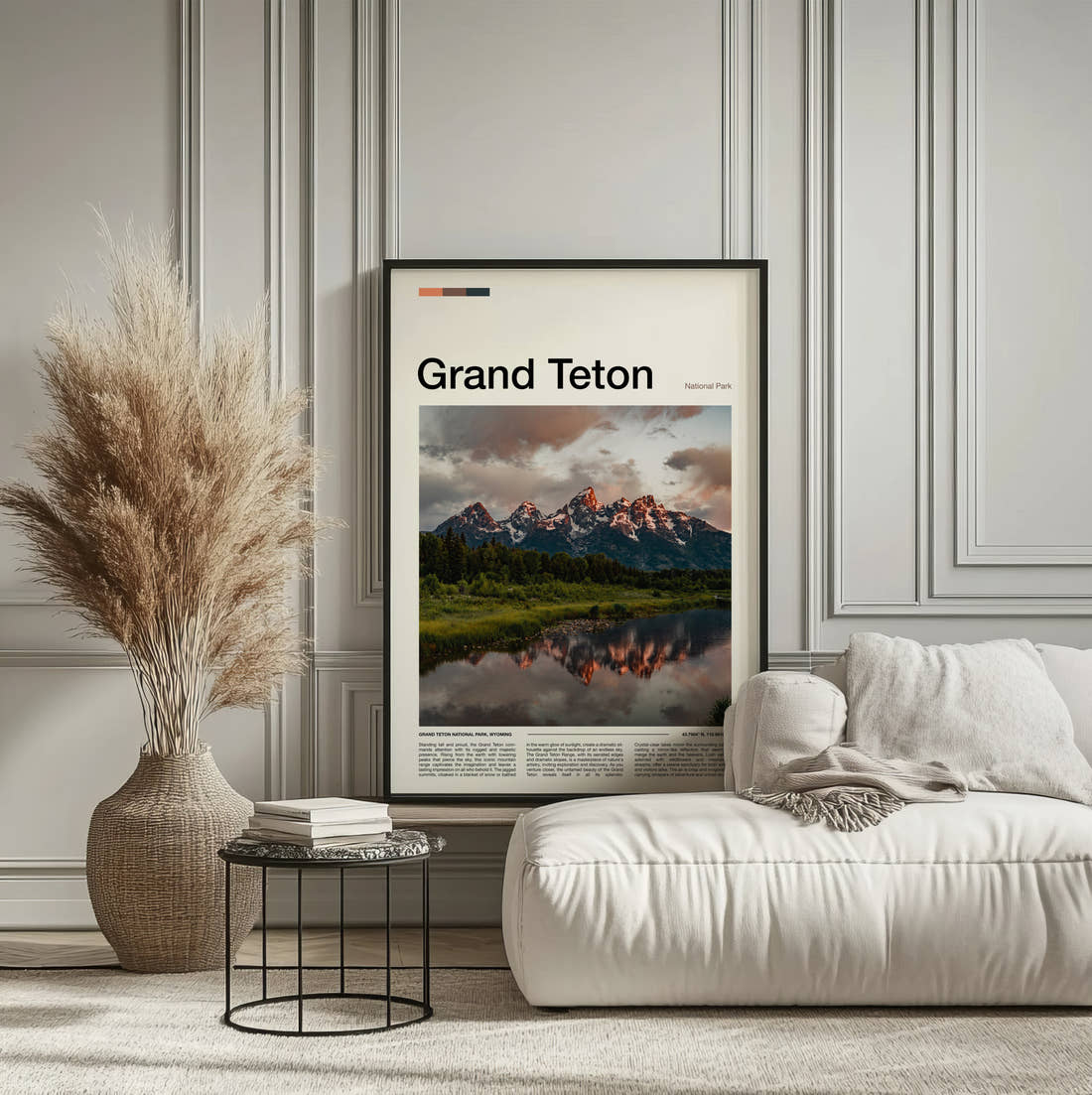 Grand Teton Mountains Reflected In River Travel Print framed on the wall of a calm, neutral bedroom