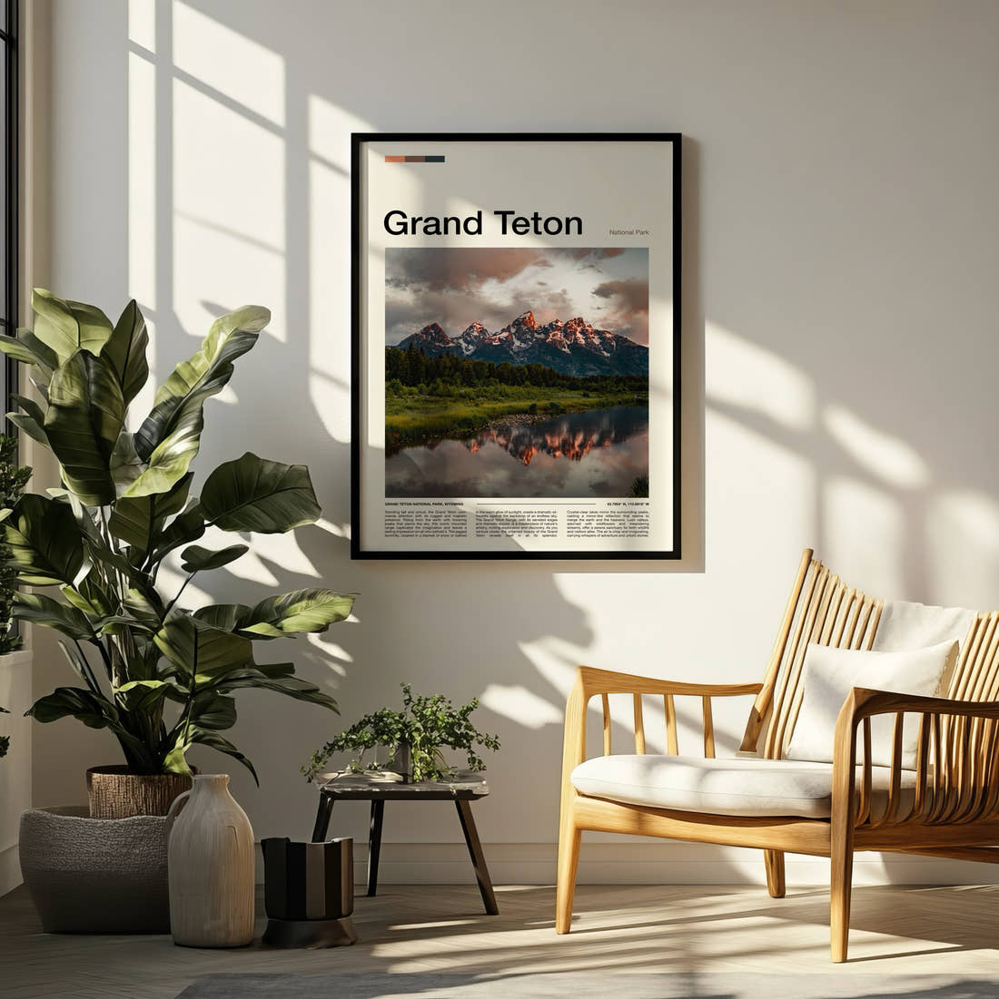 Grand Teton Mountains Reflected In River Travel Print framed on a pale wall beside houseplants