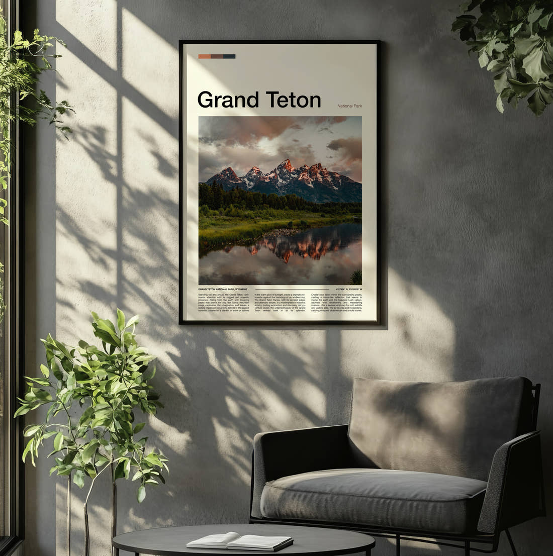 Grand Teton Mountains Reflected In River Travel Print framed on the wall of a relaxed living room