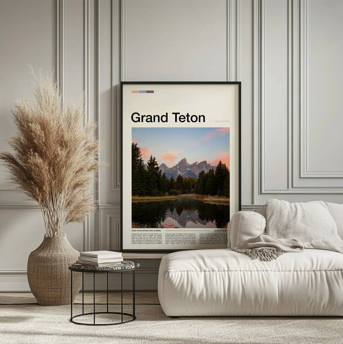 Grand Teton Pines Reflected In The Lake Travel Print framed on the wall of a calm, neutral bedroom