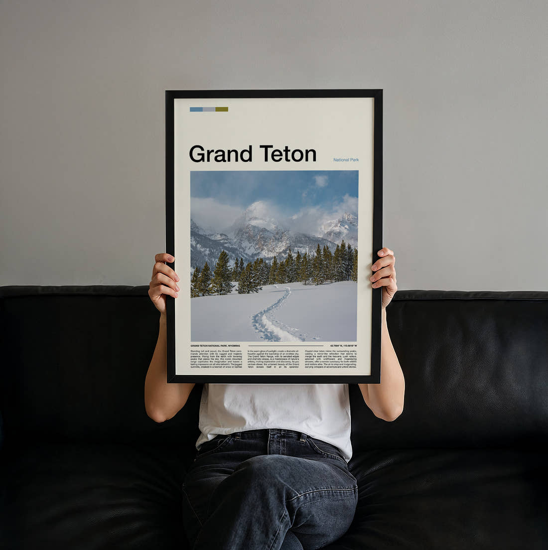 Grand Teton Snowy Trail And Peaks Travel Print held up by hand to show the size of the print