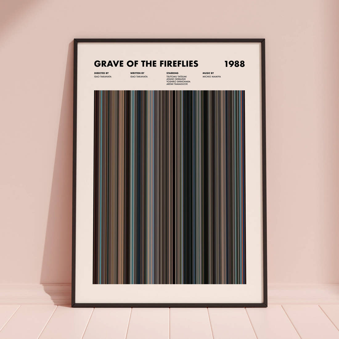 Grave Of The Fireflies Movie Barcode Poster framed and leaning against a coloured wall