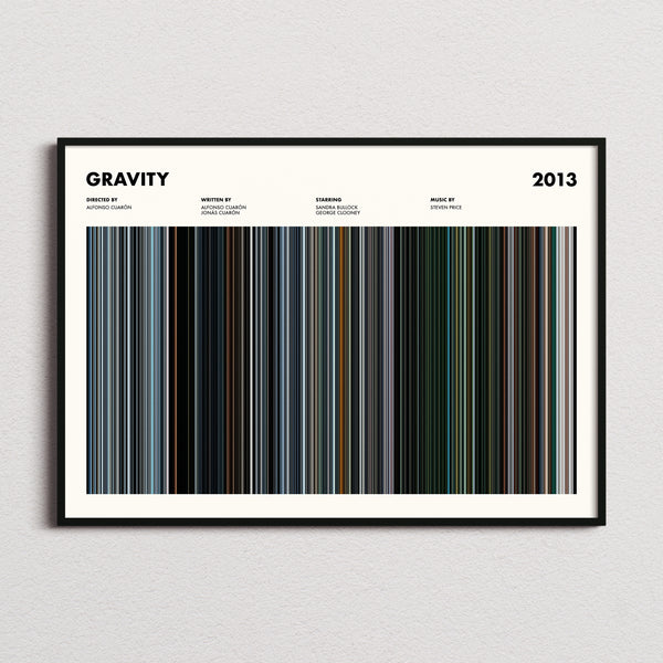 Gravity Movie Barcode Poster framed and photographed straight on