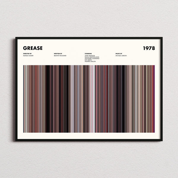 Grease Movie Barcode Poster framed and photographed straight on