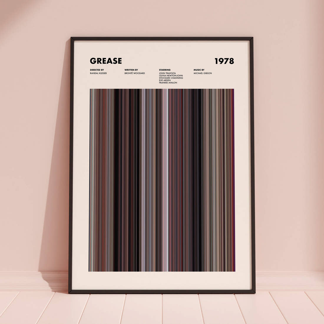 Grease Movie Barcode Poster framed and leaning against a coloured wall