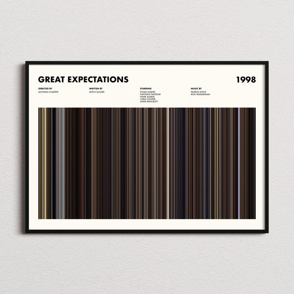 Great Expectations Movie Barcode Poster framed and photographed straight on