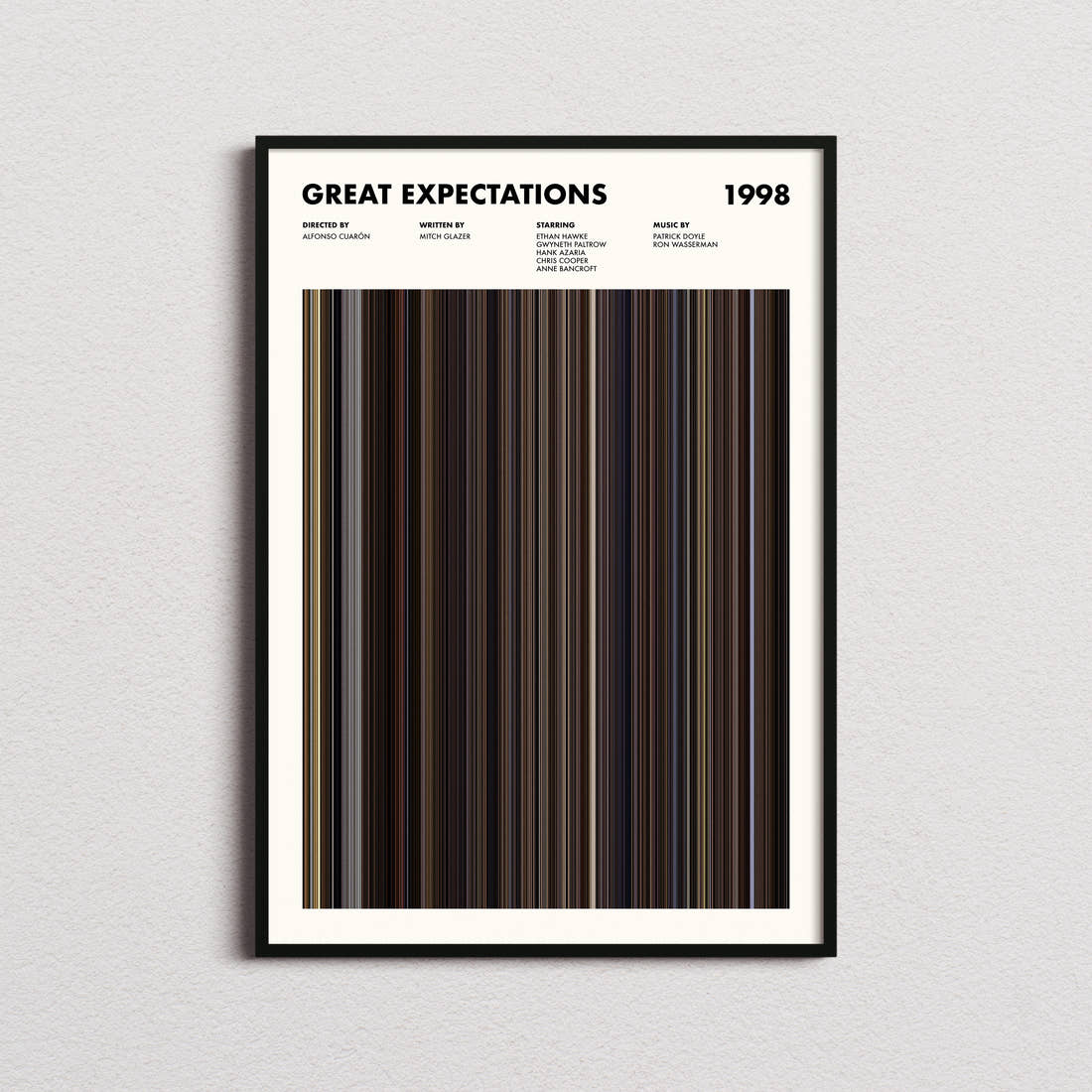 Great Expectations Movie Barcode Poster framed on a plain studio wall