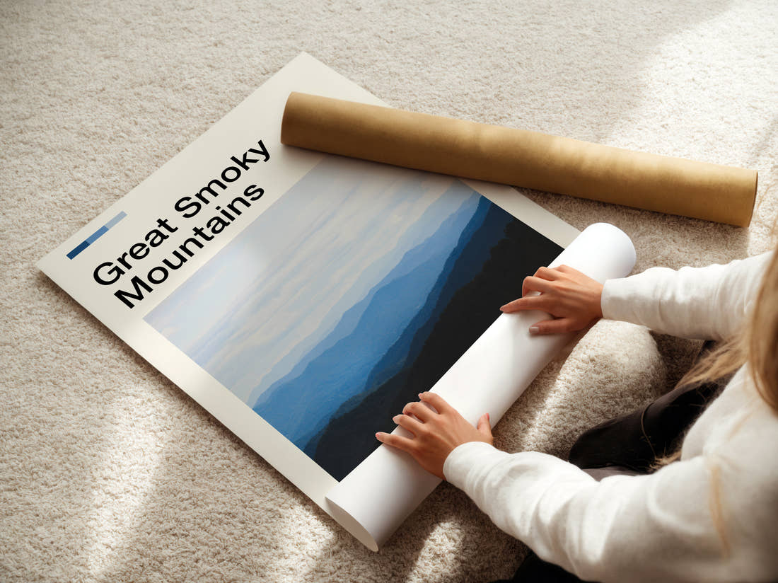 Great Smoky Mountains Blue Mountain Ridges Travel Print being unrolled from its postal tube