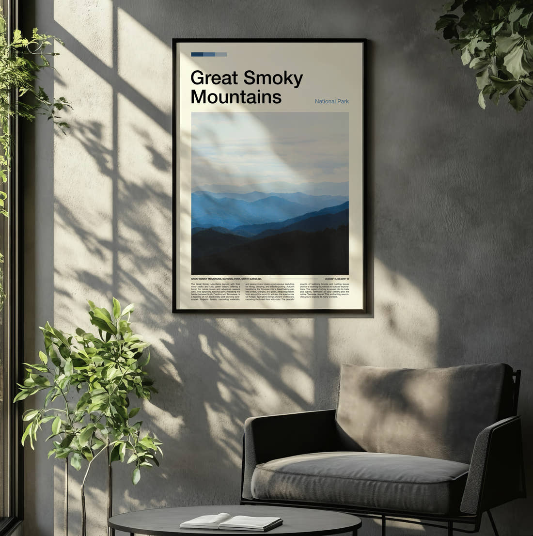Great Smoky Mountains Blue Mountain Ridges Travel Print framed on the wall of a relaxed living room