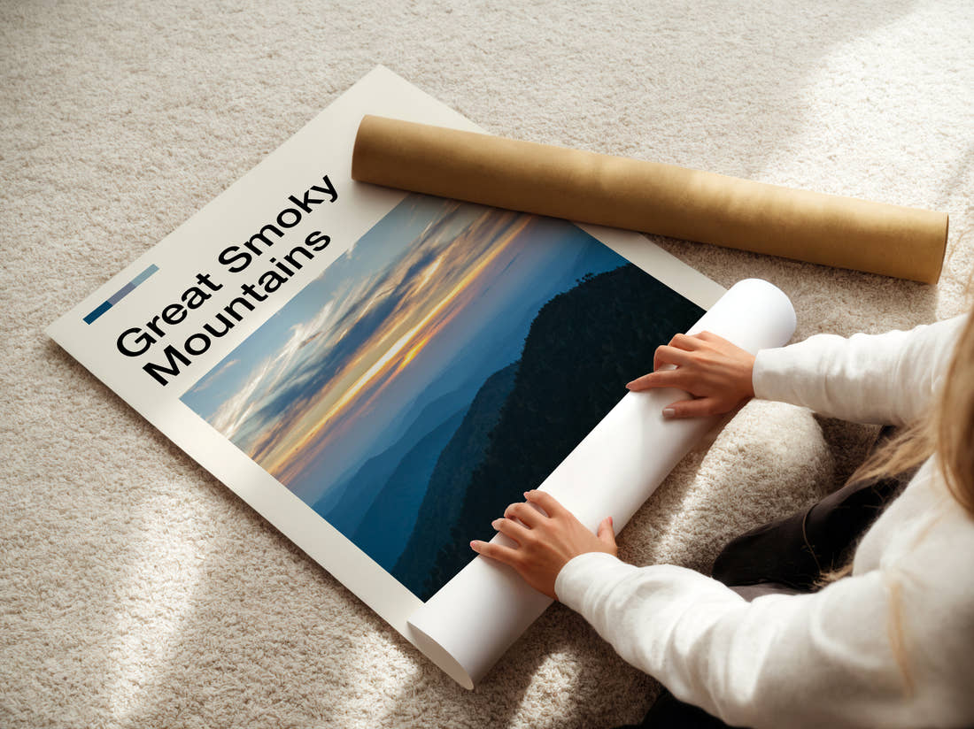 Great Smoky Mountains Mountain Ridges At Sunset Travel Print being unrolled from its postal tube