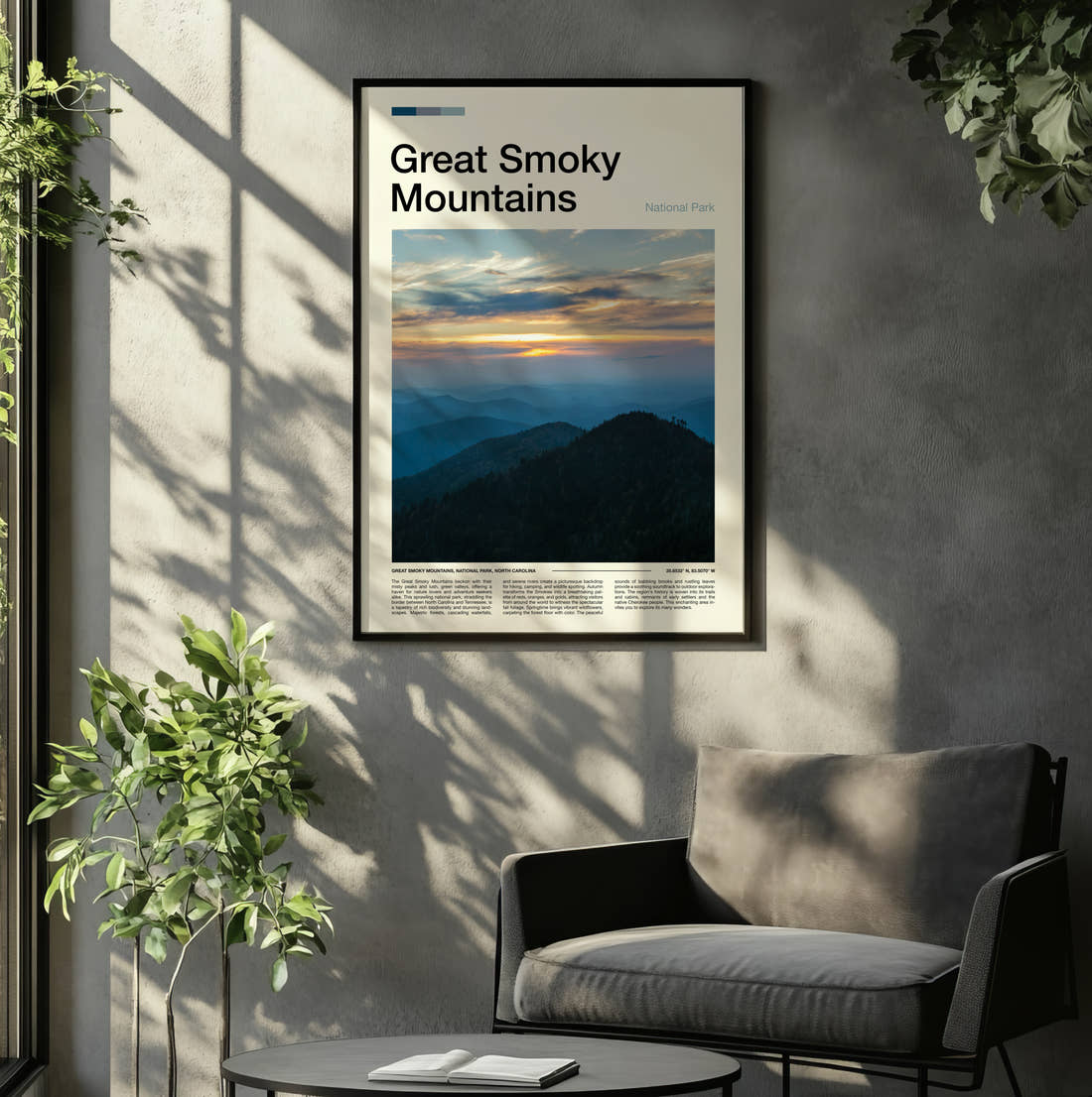 Great Smoky Mountains Mountain Ridges At Sunset Travel Print framed on the wall of a relaxed living room