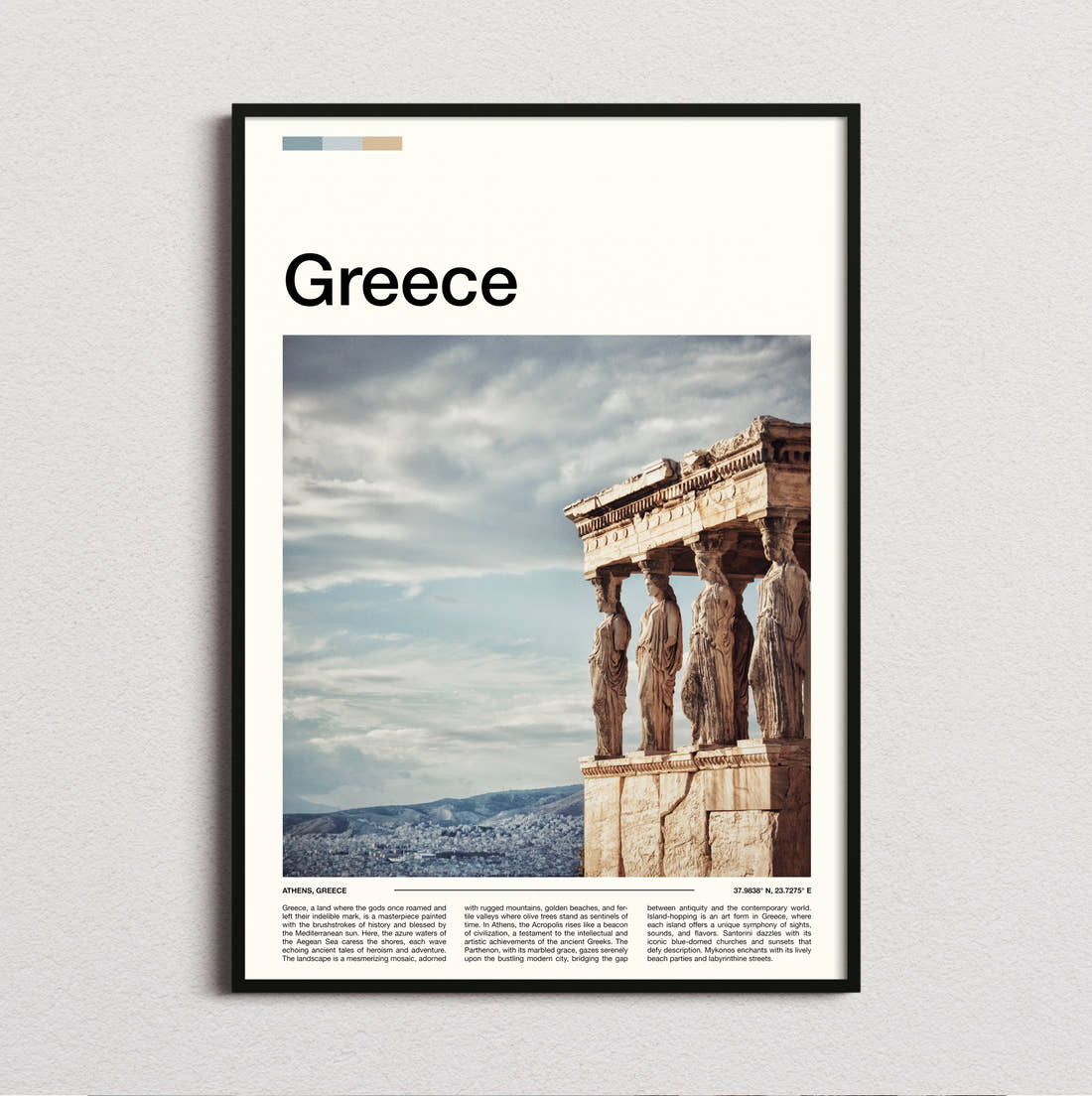 Greece Erechtheion Caryatids Travel Print framed and photographed straight on