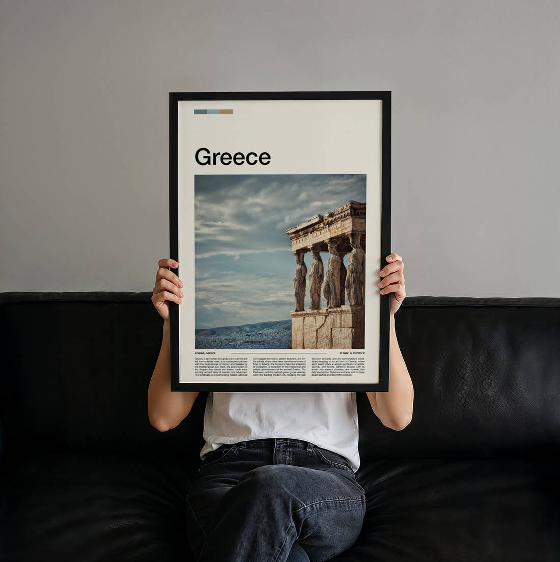Greece Erechtheion Caryatids Travel Print held up by hand to show the size of the print