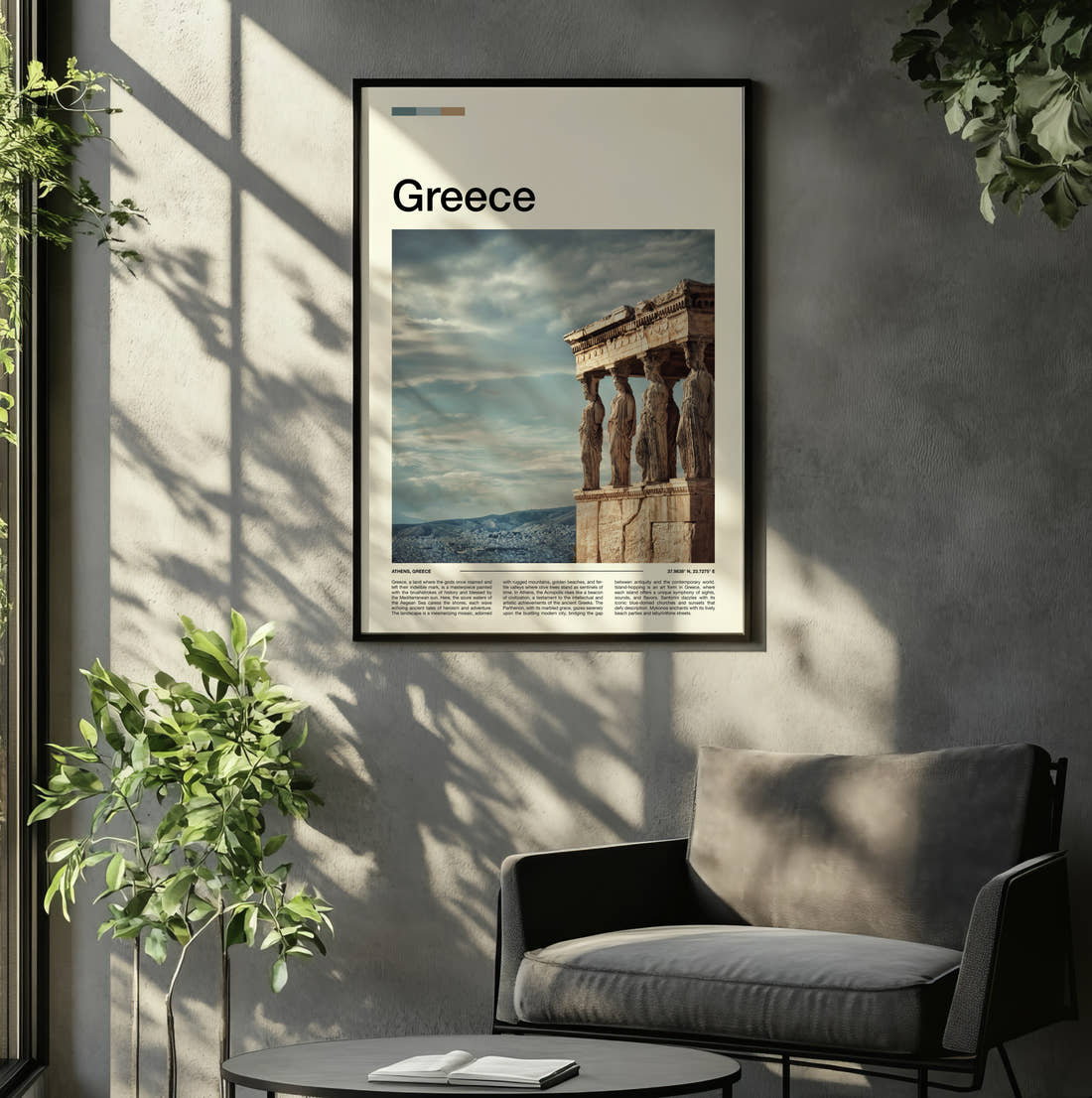 Greece Erechtheion Caryatids Travel Print framed on the wall of a relaxed living room