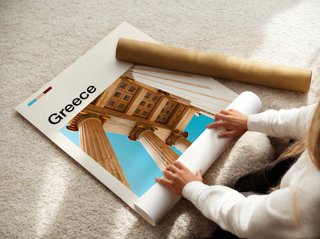 Greece Marble Columns Travel Print being unrolled from its postal tube