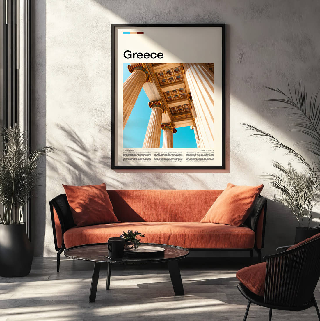 Greece Marble Columns Travel Print framed on the wall of a modern living room