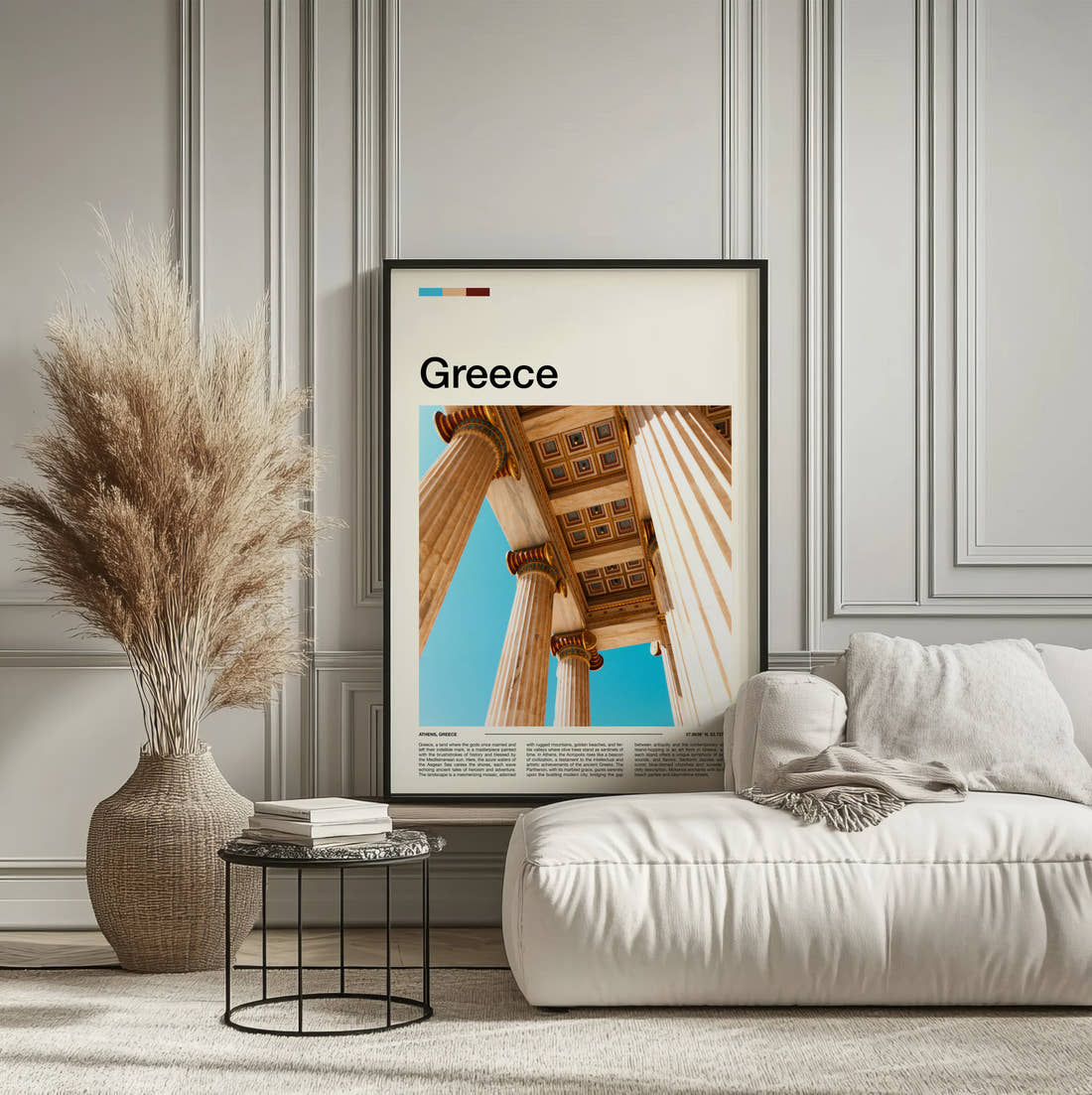 Greece Marble Columns Travel Print framed on the wall of a calm, neutral bedroom