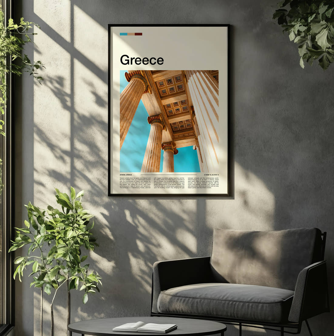 Greece Marble Columns Travel Print framed on the wall of a relaxed living room