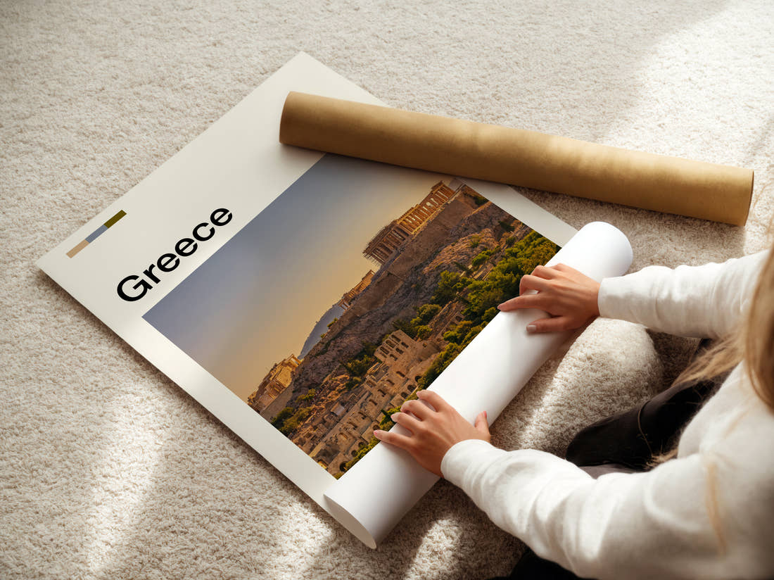 Greece Acropolis Hill Travel Print being unrolled from its postal tube