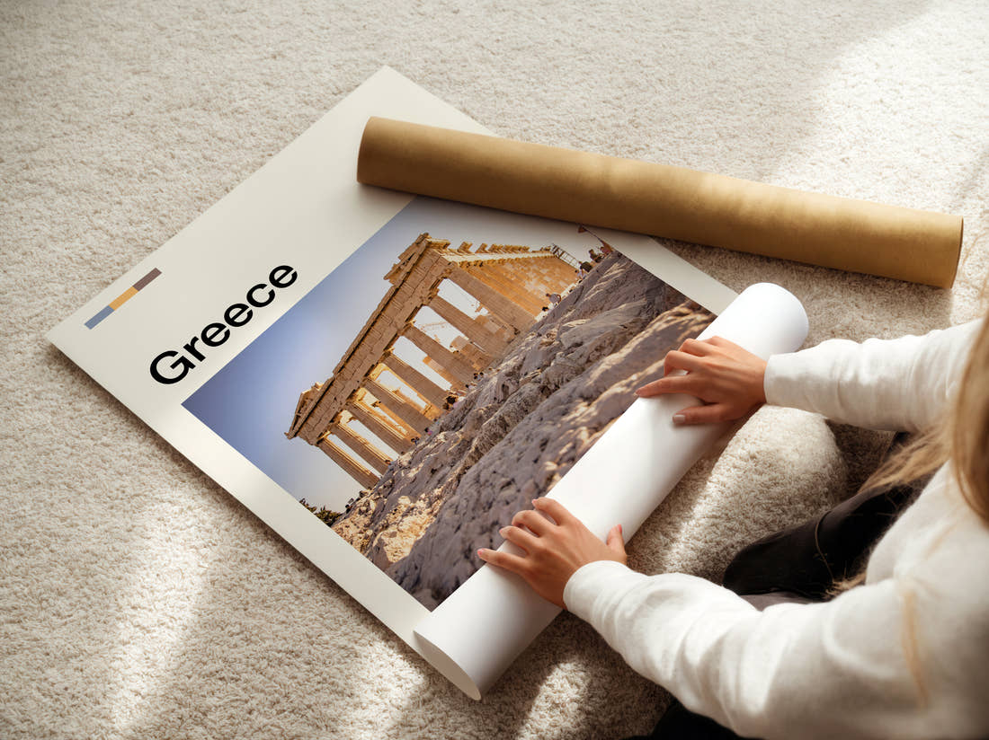 Greece The Parthenon Travel Print being unrolled from its postal tube
