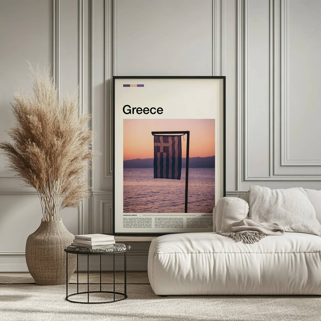 Greece Greek Flag Travel Print framed on the wall of a calm, neutral bedroom