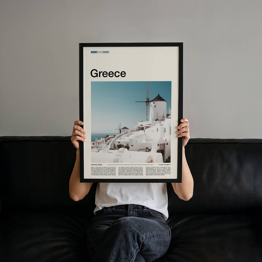 Greece Whitewashed Windmill Travel Print held up by hand to show the size of the print