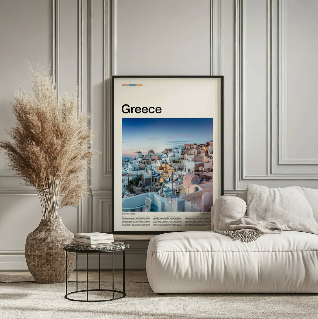 Greece Whitewashed Cliffside Village Travel Print framed on the wall of a calm, neutral bedroom