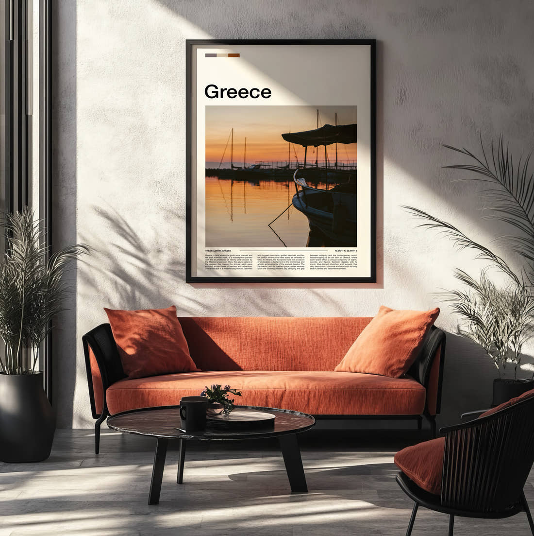 Greece Boat At Sunset Travel Print framed on the wall of a modern living room