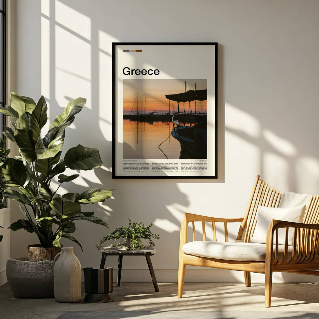 Greece Boat At Sunset Travel Print framed on a pale wall beside houseplants