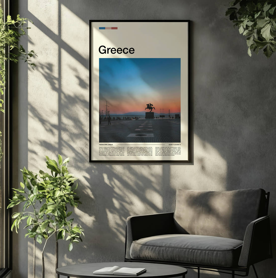 Greece Alexander The Great Statue Travel Print framed on the wall of a relaxed living room