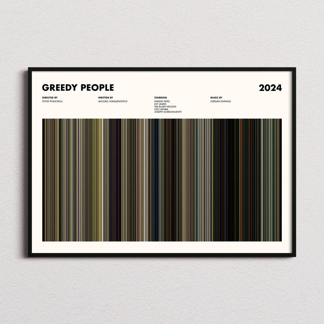 Greedy People Movie Barcode Poster framed and photographed straight on