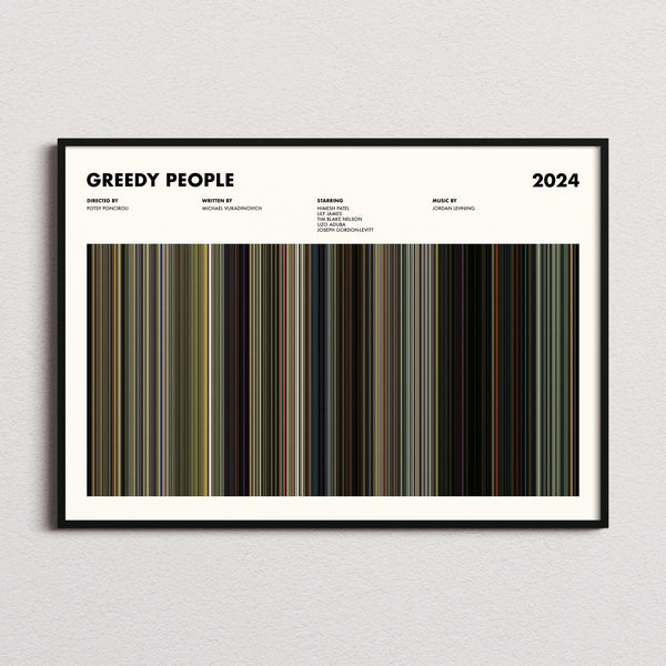 Greedy People Movie Barcode Poster framed and photographed straight on