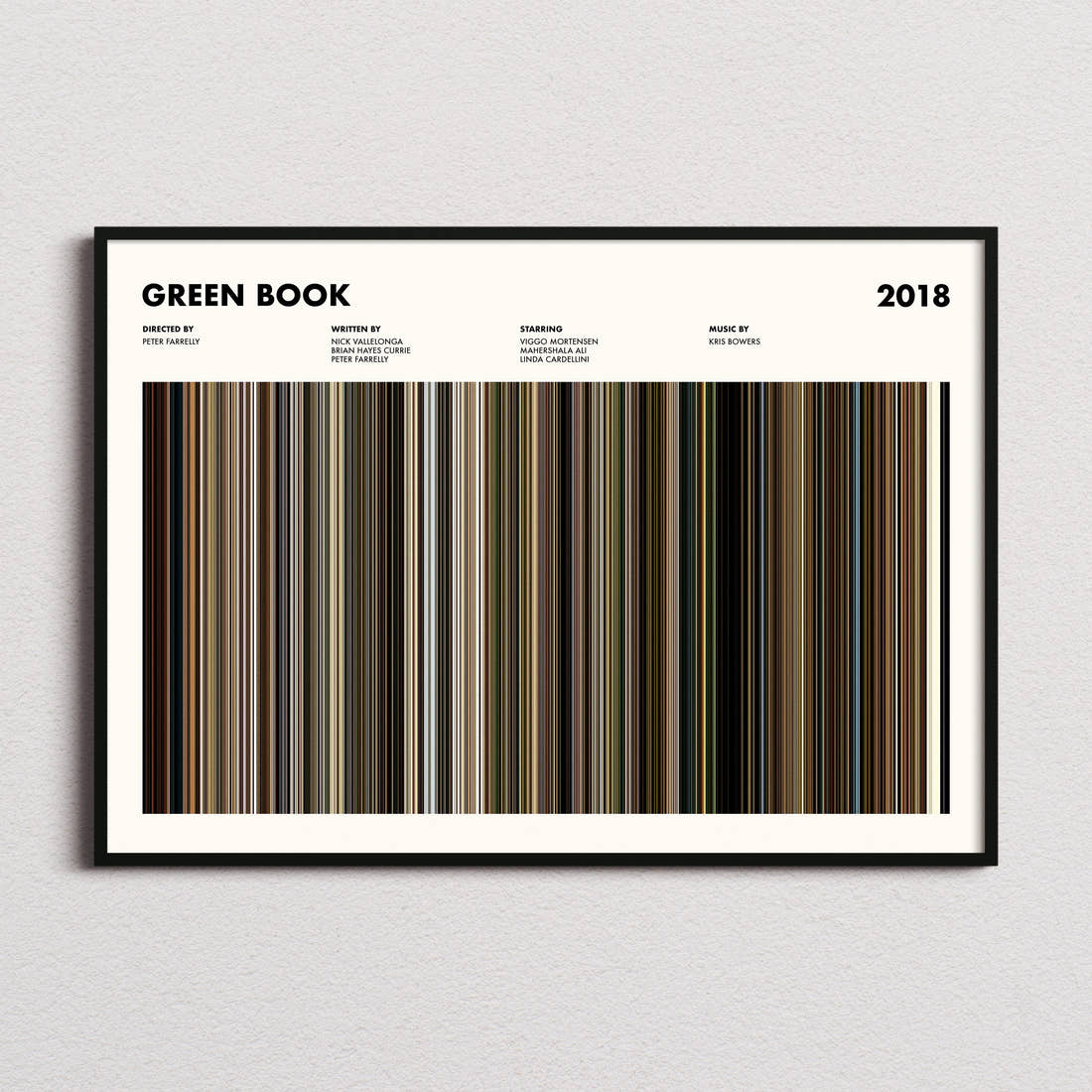Green Book Movie Barcode Poster framed and photographed straight on