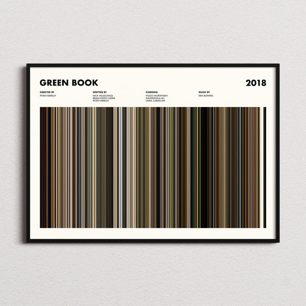 Green Book Movie Barcode Poster framed and photographed straight on