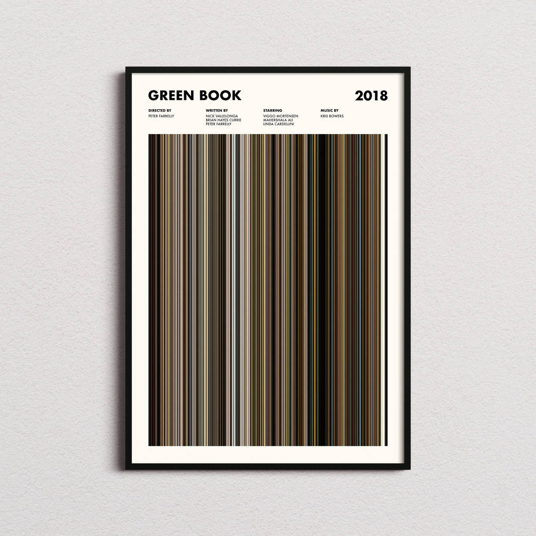 Green Book Movie Barcode Poster framed on a plain studio wall