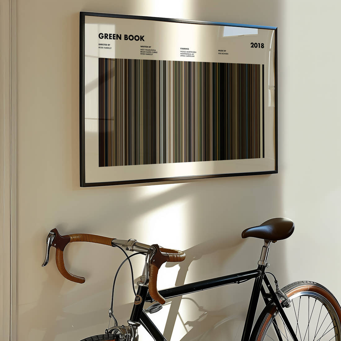 Green Book Movie Barcode Poster framed on the wall of a styled room setting