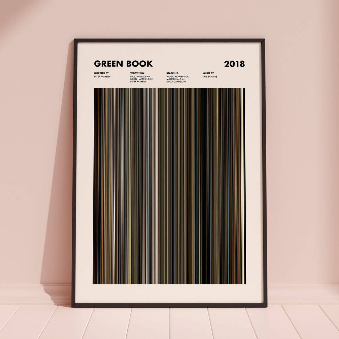 Green Book Movie Barcode Poster framed and leaning against a coloured wall