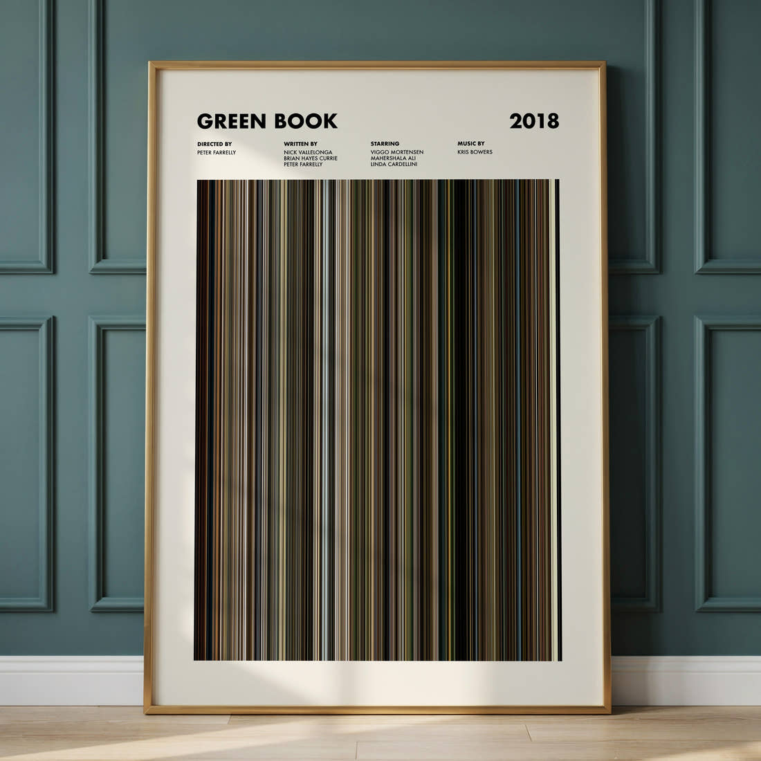 Green Book Movie Barcode Poster framed and leaning against a panelled wall