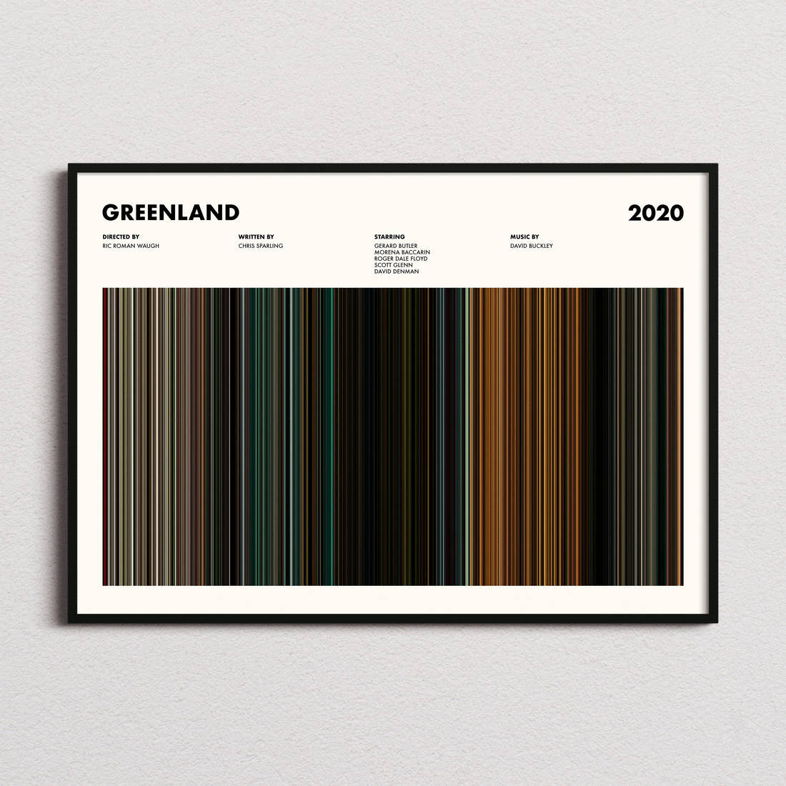Greenland Movie Barcode Poster framed and photographed straight on