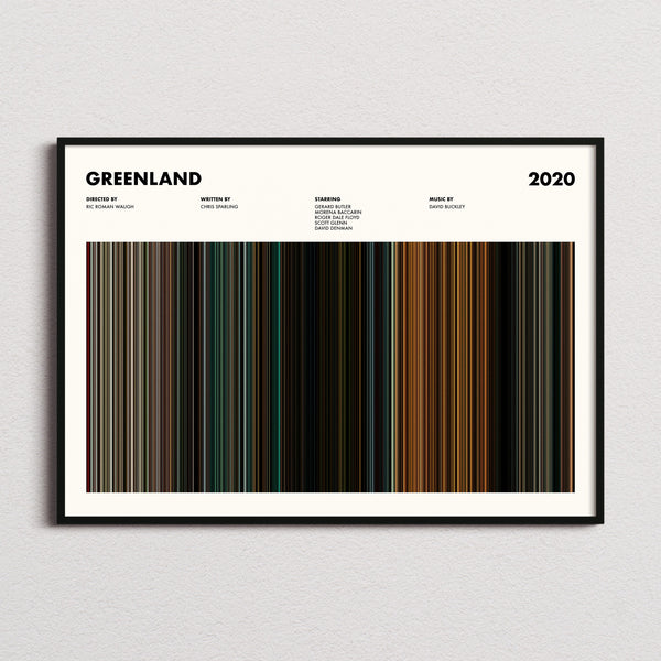 Greenland Movie Barcode Poster framed and photographed straight on