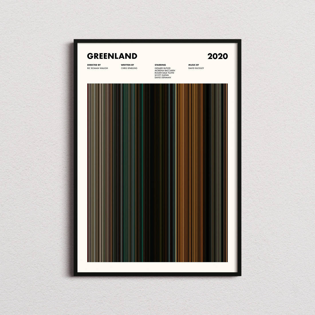 Greenland Movie Barcode Poster framed on a plain studio wall