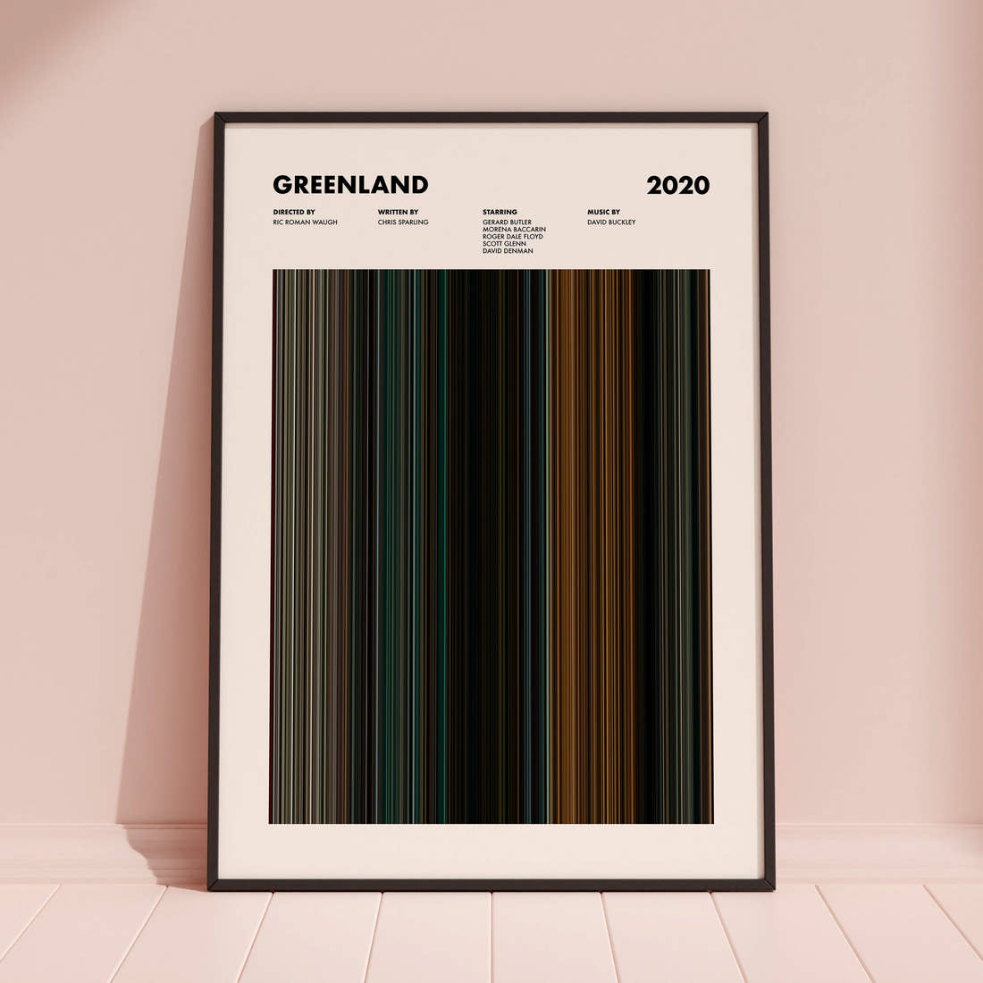 Greenland Movie Barcode Poster framed and leaning against a coloured wall