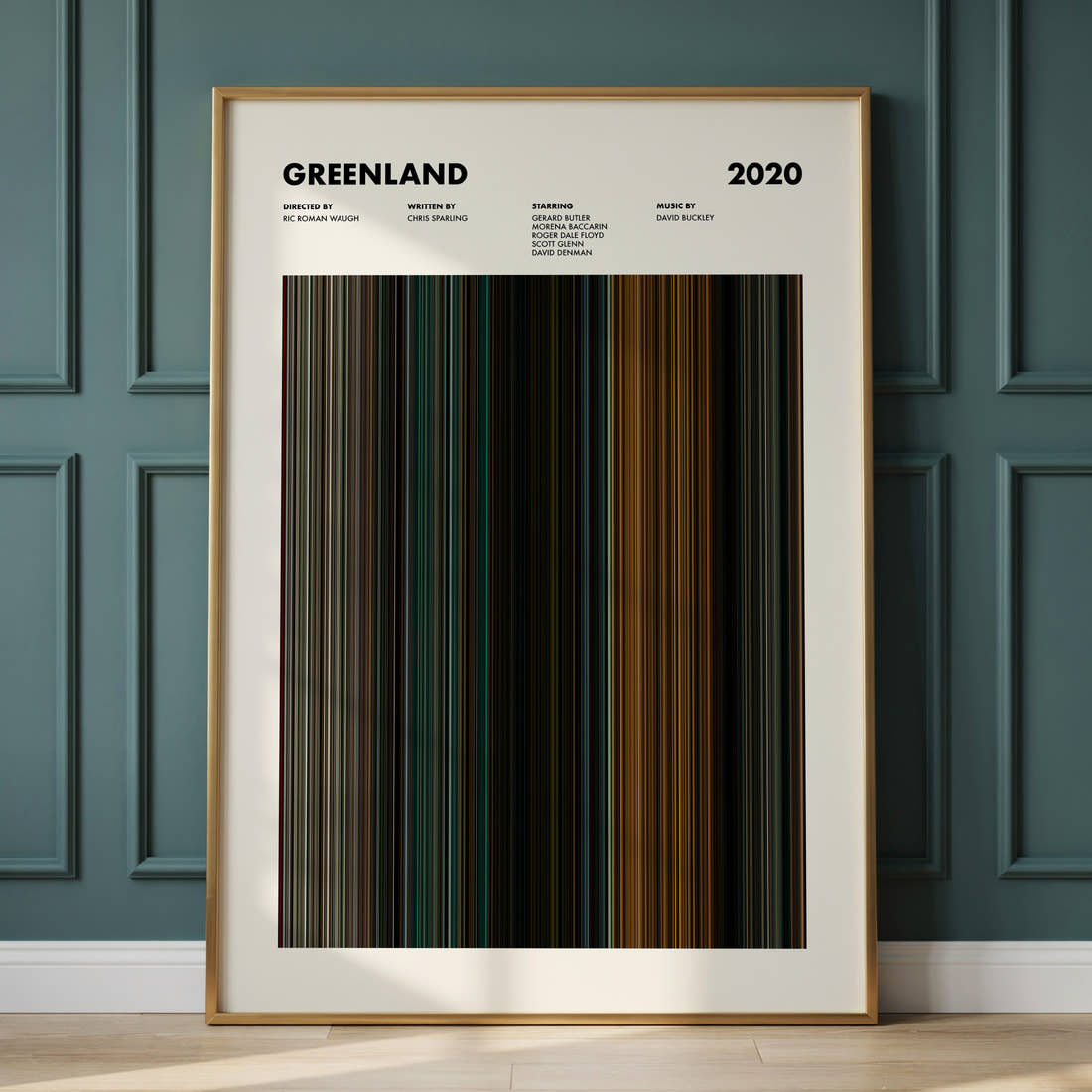 Greenland Movie Barcode Poster framed and leaning against a panelled wall