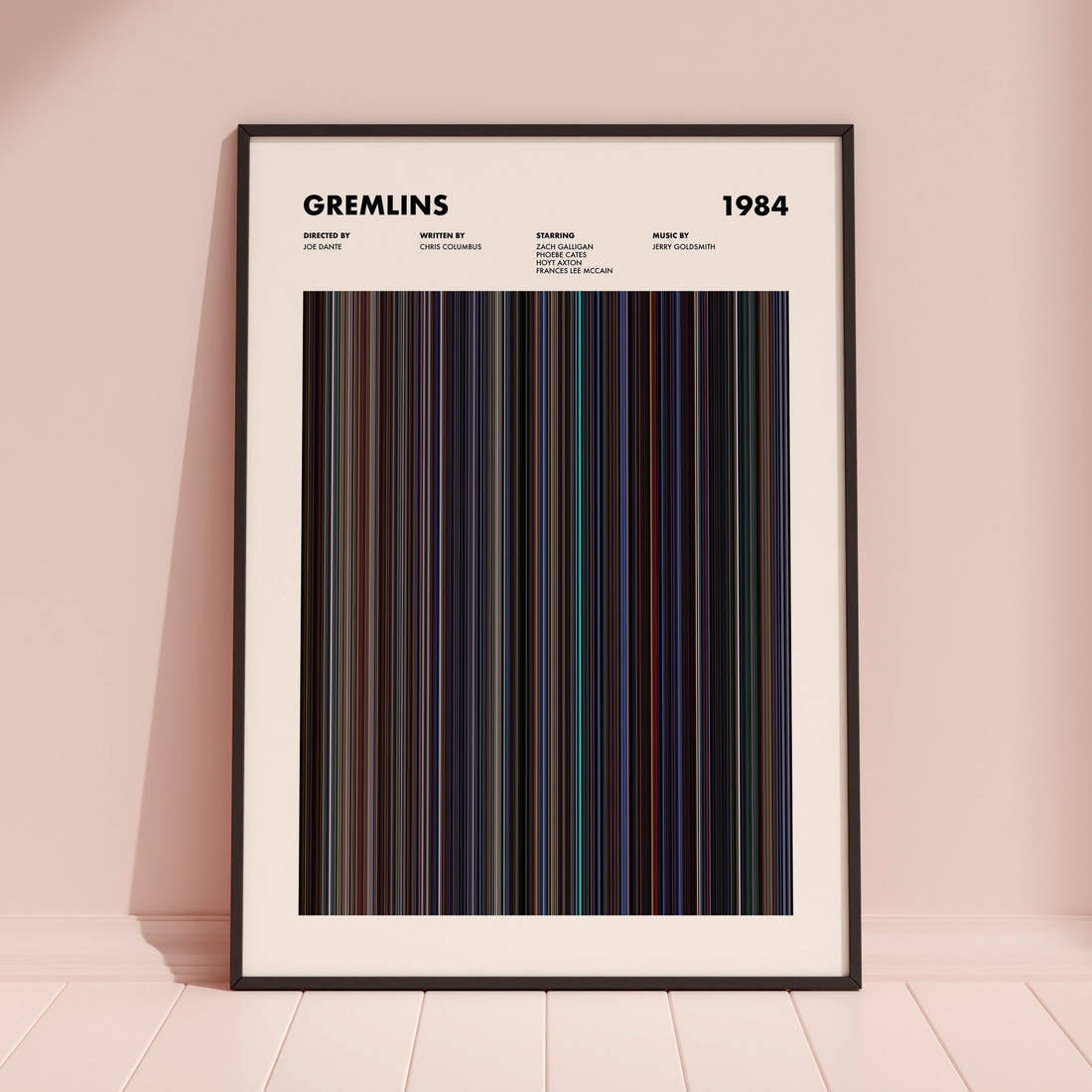 Gremlins Movie Barcode Poster framed and leaning against a coloured wall