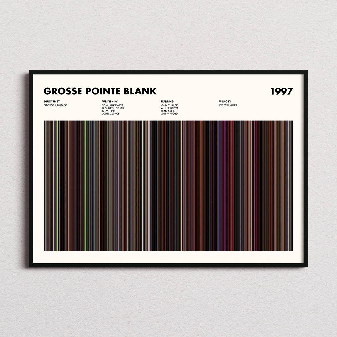 Grosse Pointe Blank Movie Barcode Poster framed and photographed straight on