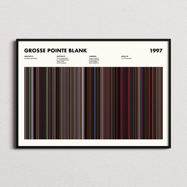 Grosse Pointe Blank Movie Barcode Poster framed and photographed straight on