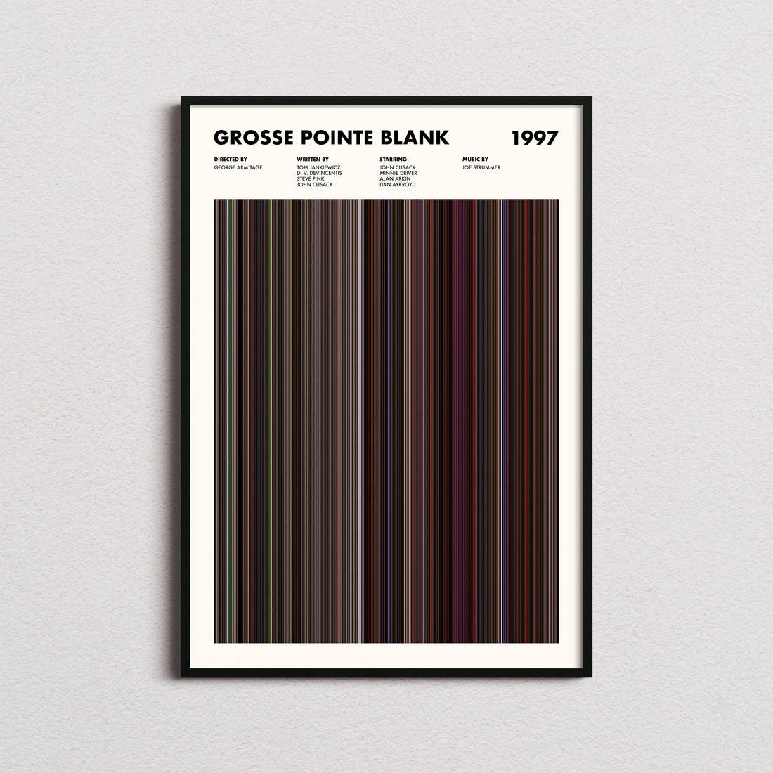 Grosse Pointe Blank Movie Barcode Poster framed on a plain studio wall