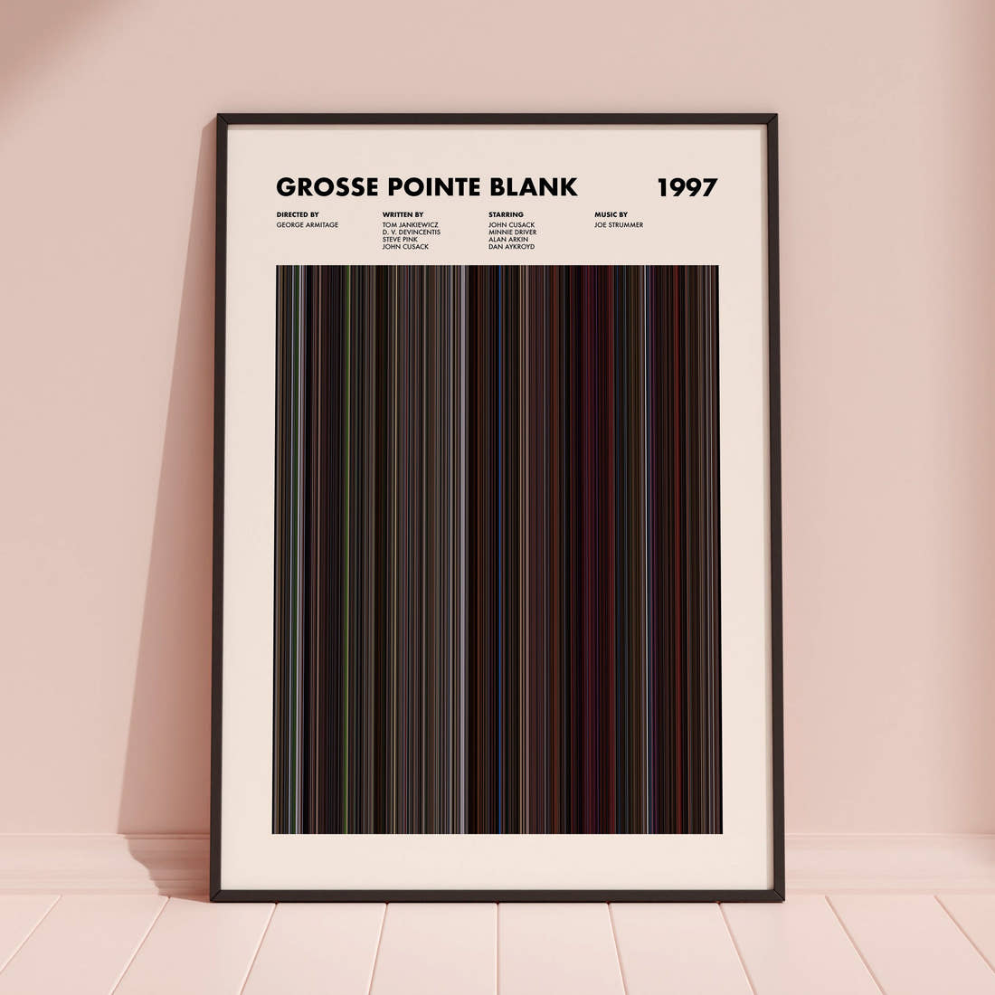 Grosse Pointe Blank Movie Barcode Poster framed and leaning against a coloured wall