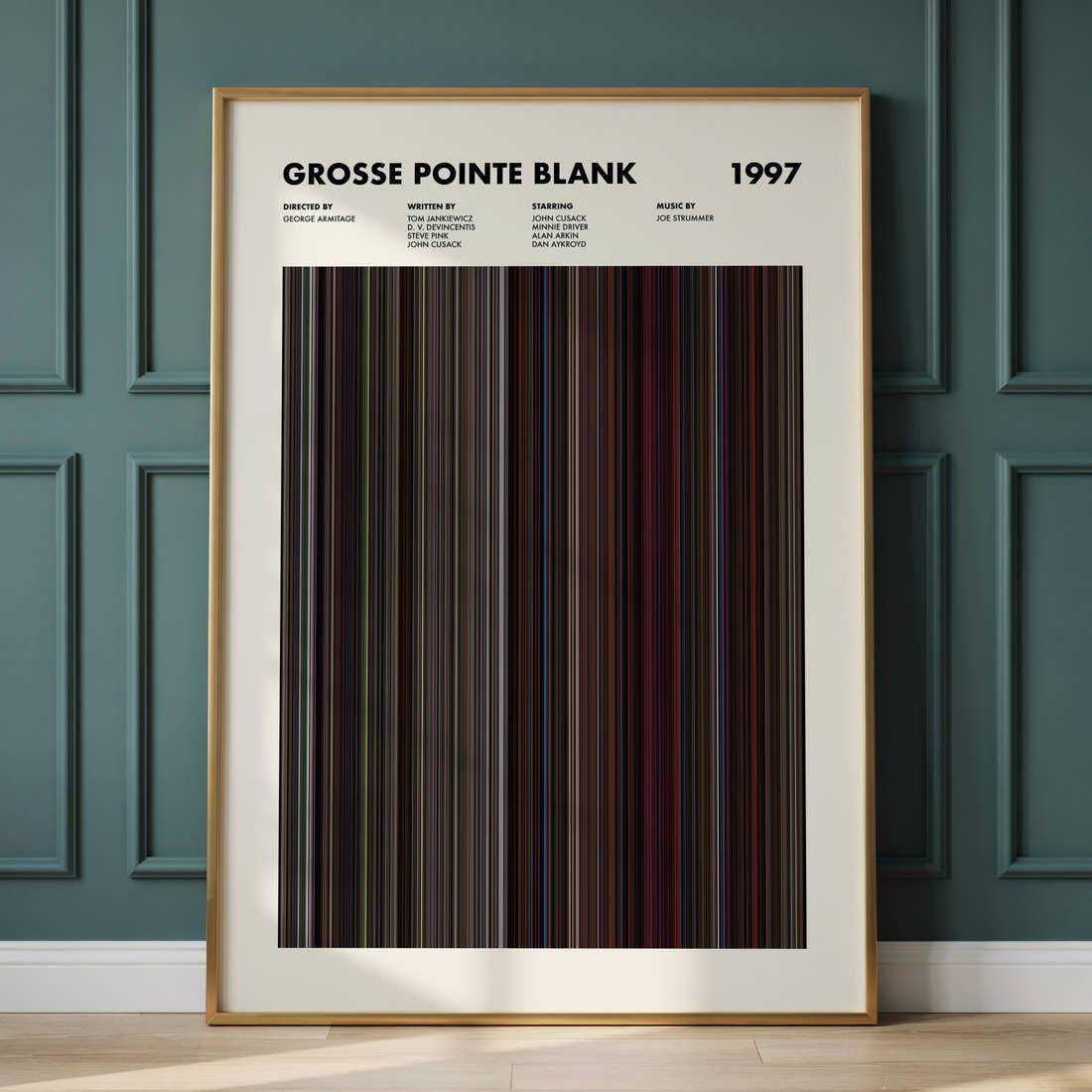 Grosse Pointe Blank Movie Barcode Poster framed and leaning against a panelled wall